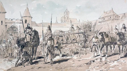 Cavalerie et soldats à pied avec un chariot tiré par des chevaux transportant des armes et des fournitures au XIIIe siècle, 1886